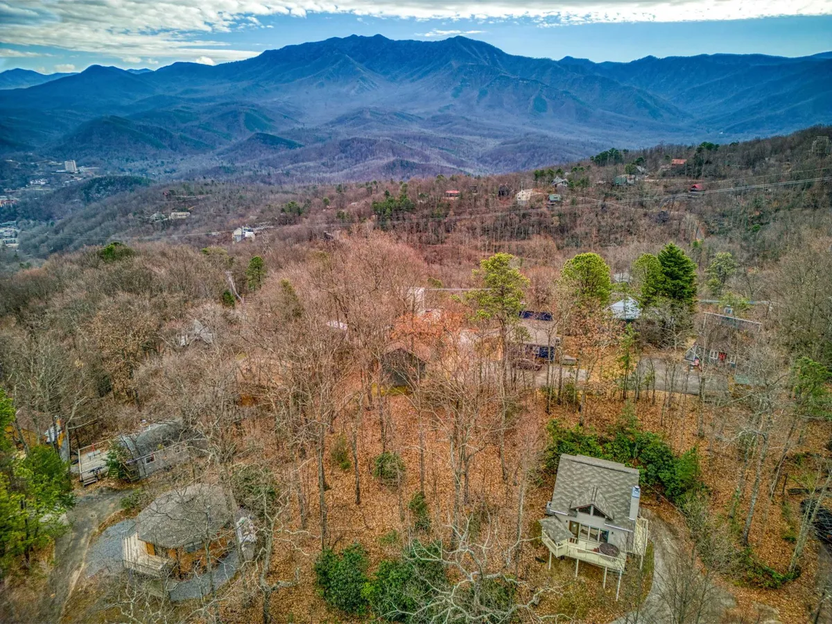 A sweeping vista of a mountain range dotted with scattered houses, a lush tree canopy, and a winding road. The scene suggests easy access to both mountain trails and cozy retreats, blending the proximity of the park with the comfort of returning home.